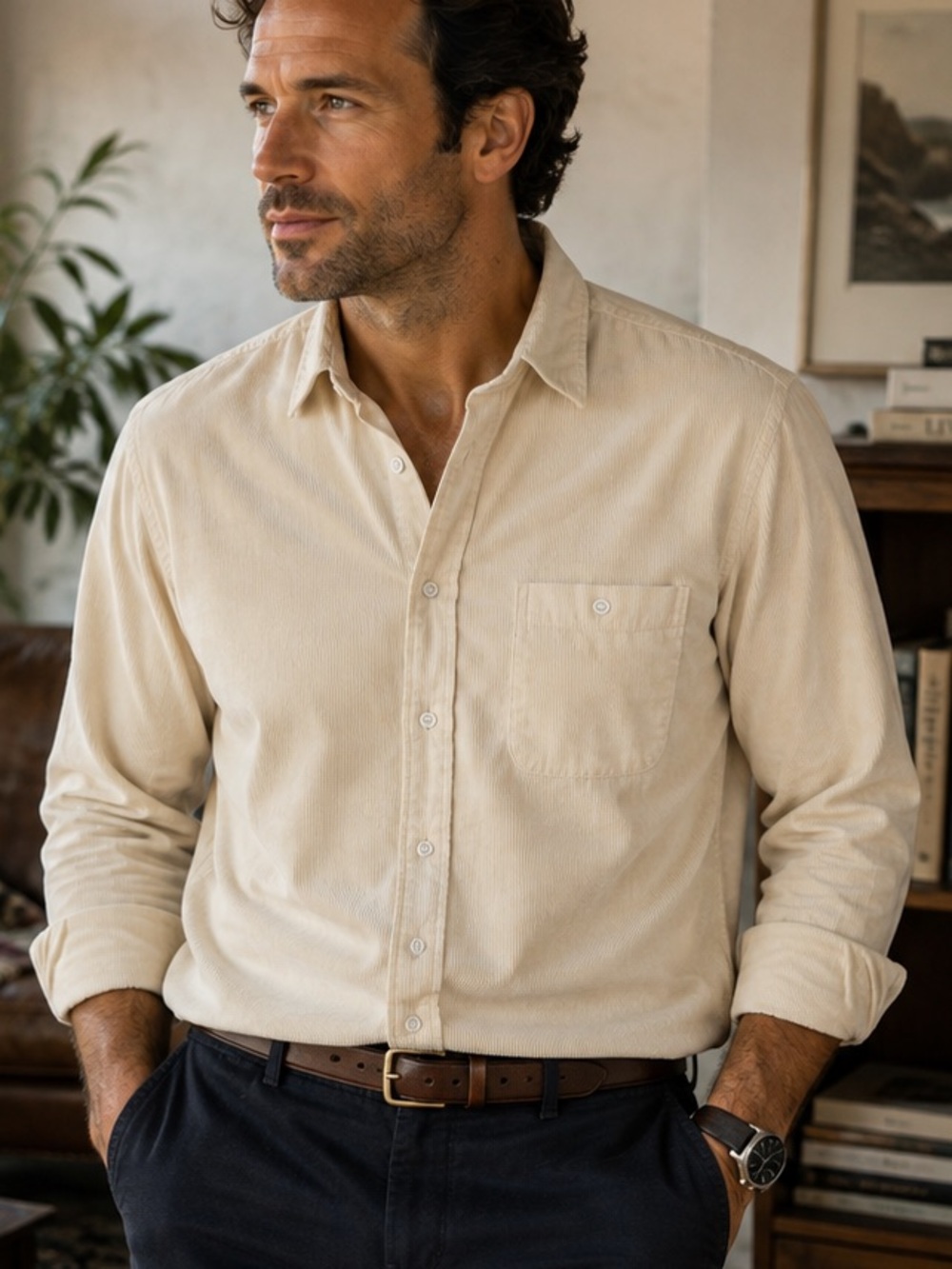 Ermenegildo Zegna Soft Fine Wale Corduroy Ivory Button Shirt Men’s Large Italy